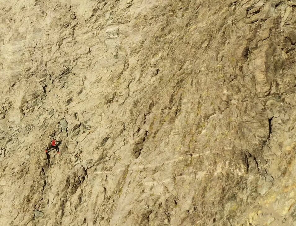 Babicz looks tiny in the mmiddle of the huge wall of Matterhorn